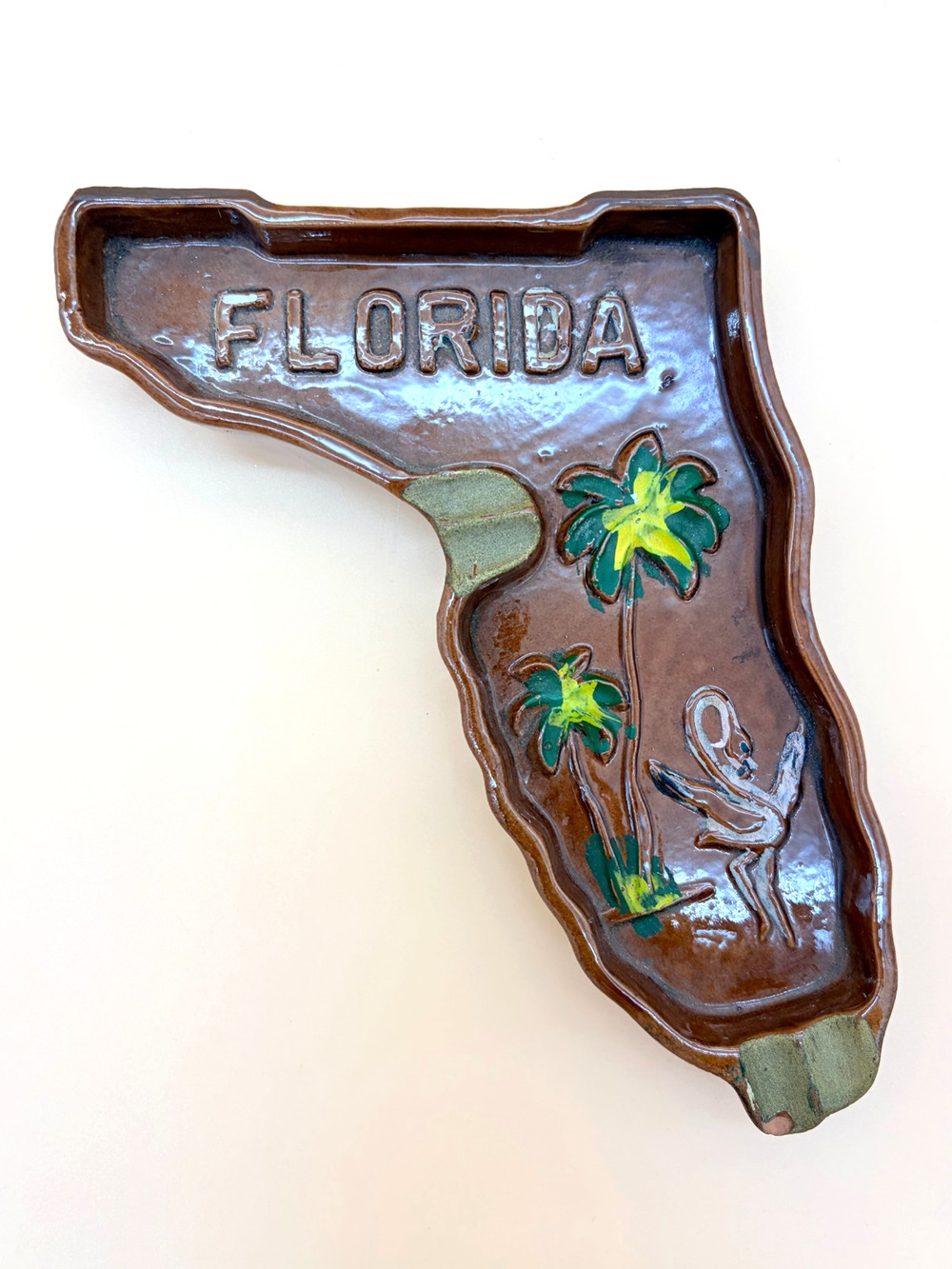 Florida Ashtray Vintage State Shaped Ceramic Flamingo Palm Trees Japan MCM